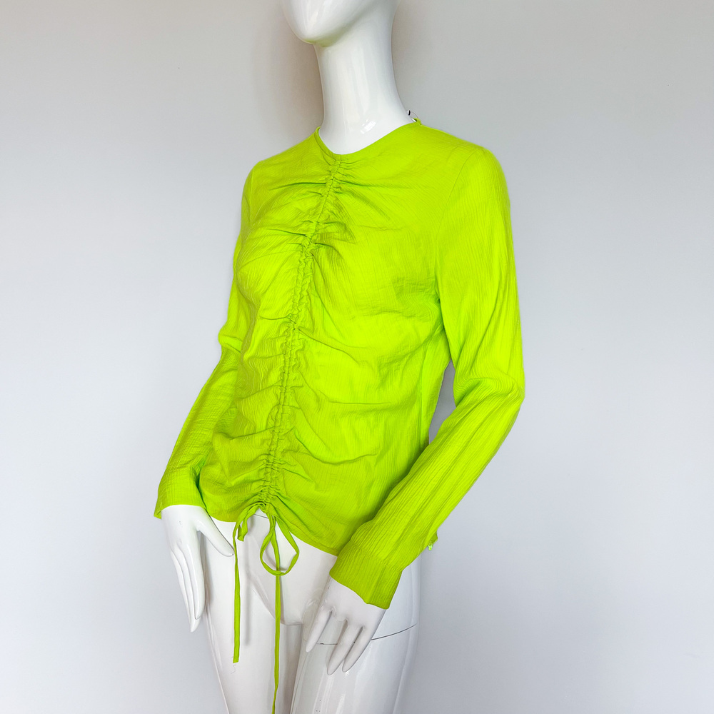 NEW Topshop Neon Yellow Ruched Long Sleeve Blouse Top Tie Front Viscose US6